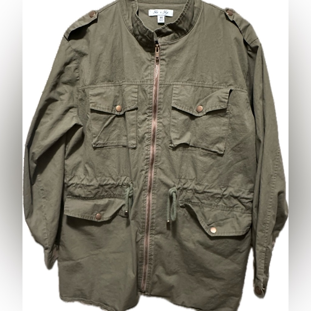 She + Sky Olive Green Utility Jacket – Cinch Waist, Size Medium